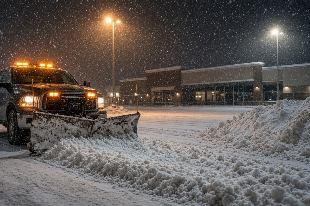 A dark pickup with amber lights and a front plow blade pushing snow across a parking lot at night, with tall pole lights, a storefront building and a snow pile behind it, in Minneapolis–St. Paul, Minnesota