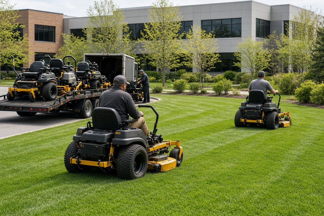 Landscape workers on yellow and black zero-turn mowers cutting a green lawn at an office park, with a trailer of mowers behind them, in Minneapolis–St. Paul, Minnesota