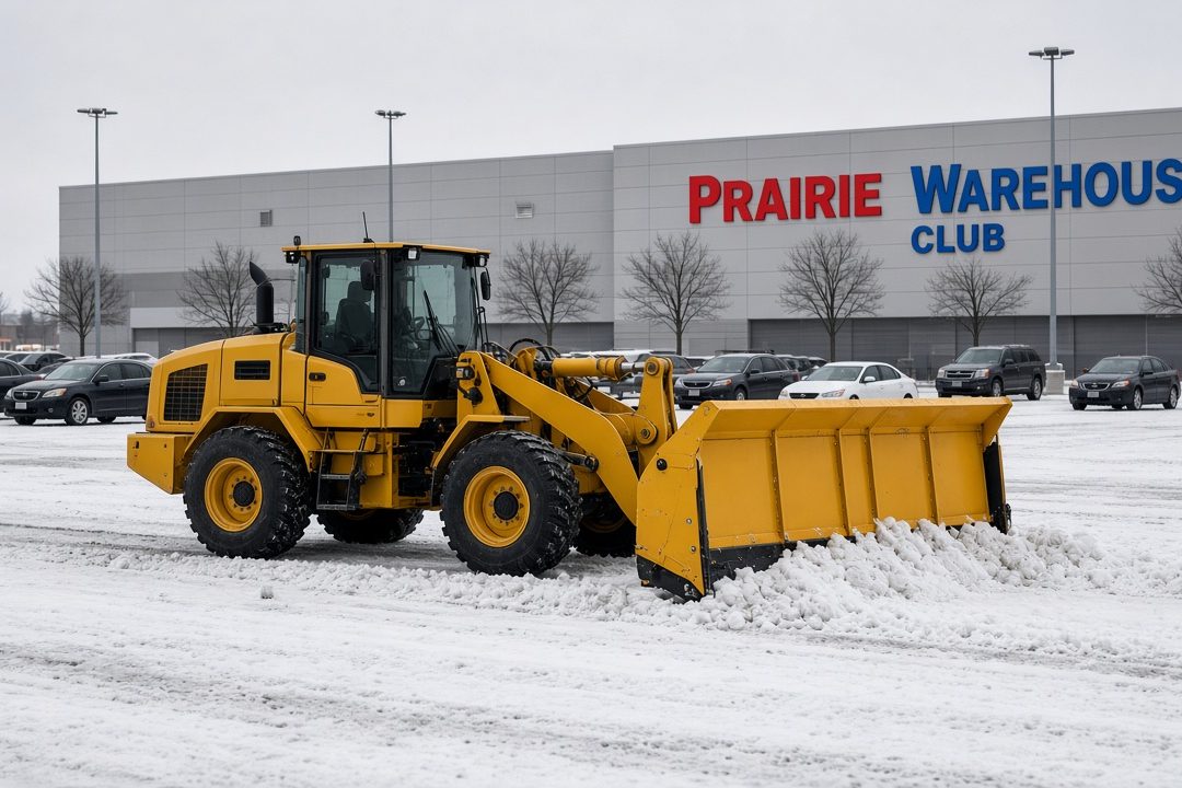 A yellow wheel loader with a yellow snow pusher clearing a snowy store parking lot, with parked cars and bare trees in front of a big warehouse store, in Minneapolis–St. Paul, Minnesota