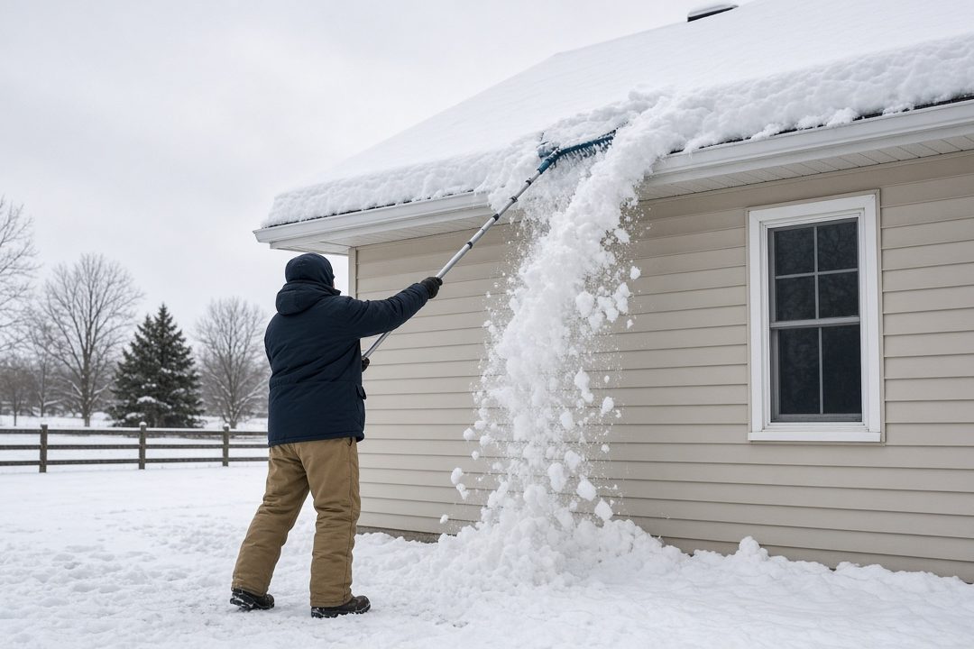 A person standing on the ground pulling snow off the roof edge of a house with a long roof rake, in Minneapolis–St. Paul, Minnesota
