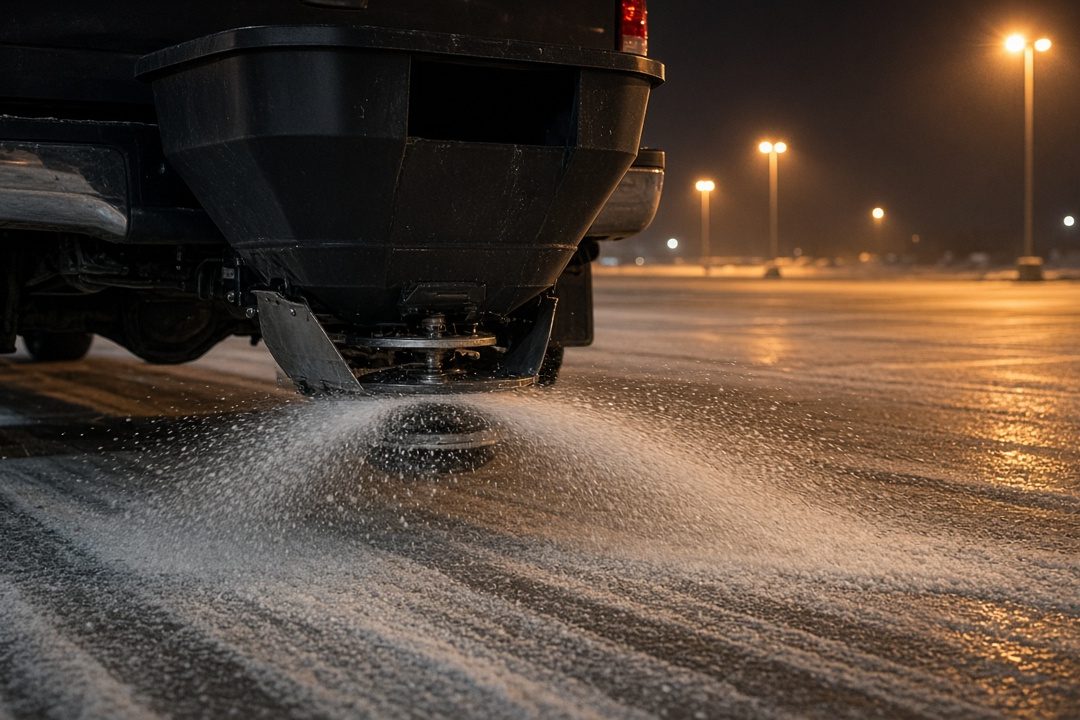 A black tailgate hopper on the back of a truck spreading salt across a parking lot at night, in Minneapolis–St. Paul, Minnesota