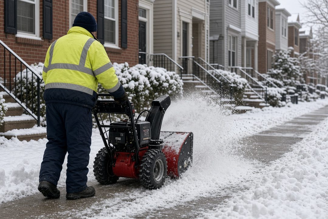 A worker in a yellow high-visibility jacket clearing a snowy sidewalk with a red two-stage snow blower in front of a row of brick townhomes, in Minneapolis–St. Paul, Minnesota