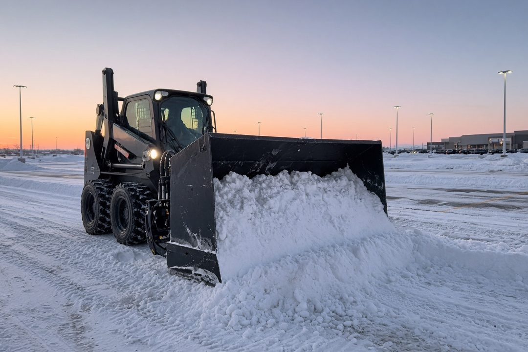 A black snow pusher box on a wheeled skid steer pushing snow across a big parking lot at dawn, in Minneapolis–St. Paul, Minnesota